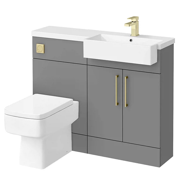 Arezzo 1100 Matt Grey Semi-Recessed Square Combination Vanity Unit (Brushed Brass Flush & Handles) - Image 2