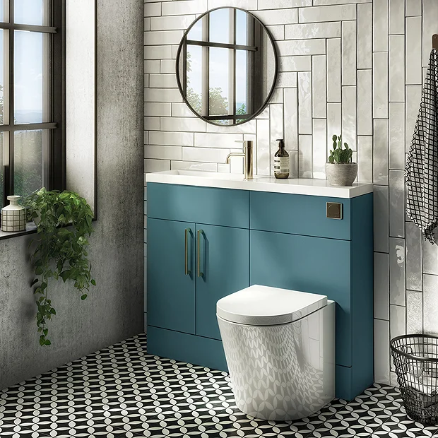 Arezzo 1100 Matt Green Slimline Combination Vanity Unit (Brushed Brass Flush & Handles) - Image 2