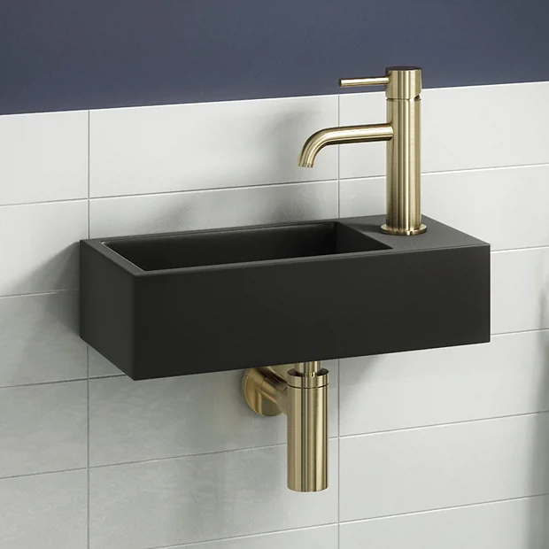 Arezzo 410 X 210 Square Wall Hung Basin With Tap Package (Matt Black - Brushed Brass) - Image 2