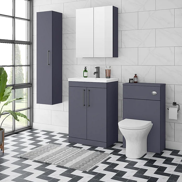 Arezzo Blue Floor Standing Vanity Unit, Tall Cabinet + Toilet Pack With Black Handles - Image 2