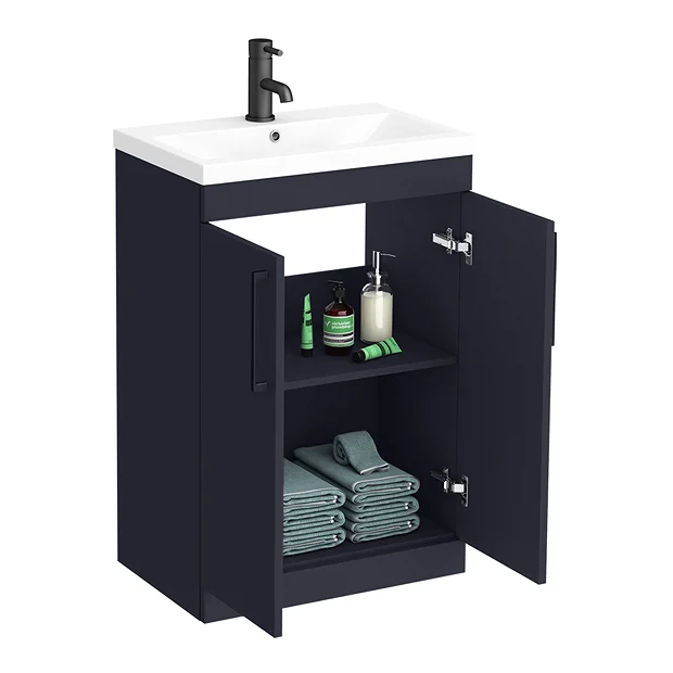 Arezzo Blue Floor Standing Vanity Unit, Tall Cabinet + Toilet Pack With Black Handles - Image 3