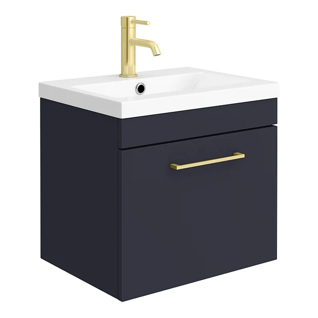 Arezzo Blue Wall Hung Sink Vanity Unit + Toilet Package With Brass Handle - Image 3