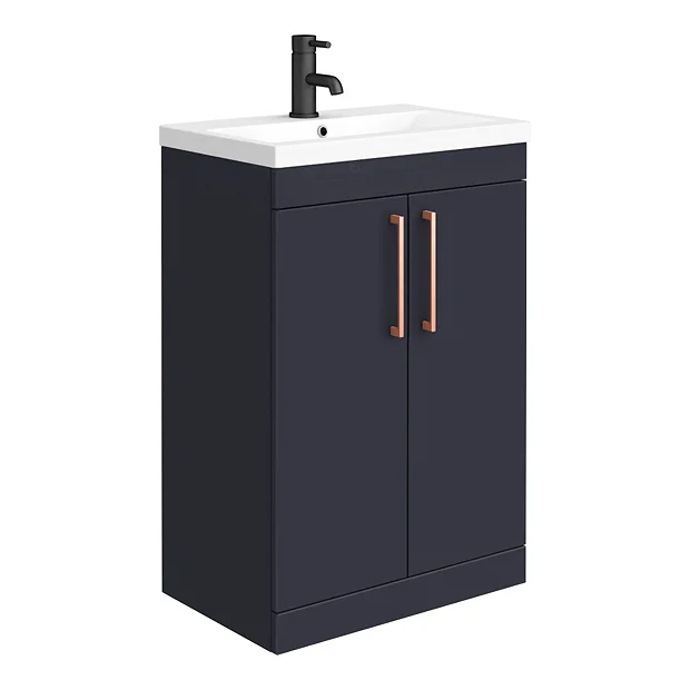 Arezzo Blue Floor Standing Vanity Unit, Tall Cabinet + Toilet Pack With Rose Gold Handles - Image 3