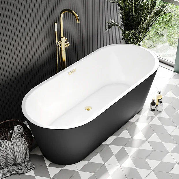 Brooklyn Matt Black Exterior 1700 X 800mm Double Ended Freestanding Bath With Brushed Brass Waste - Image 2